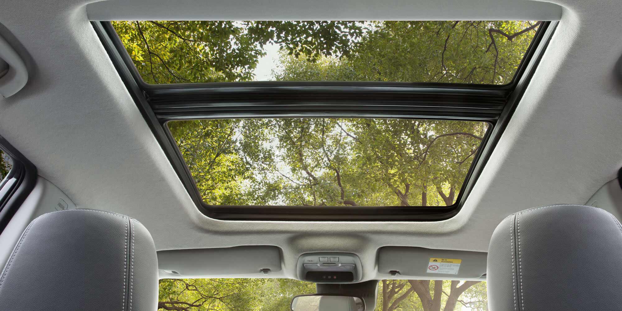 Vista interior del techo solar panoránico con paisaje arbolado de fondo.