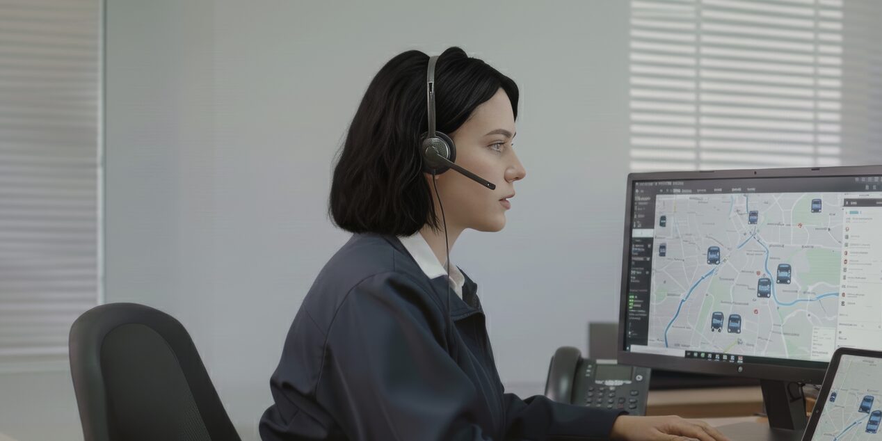 Profesional de OnStar monitoreando una flota de camiones.