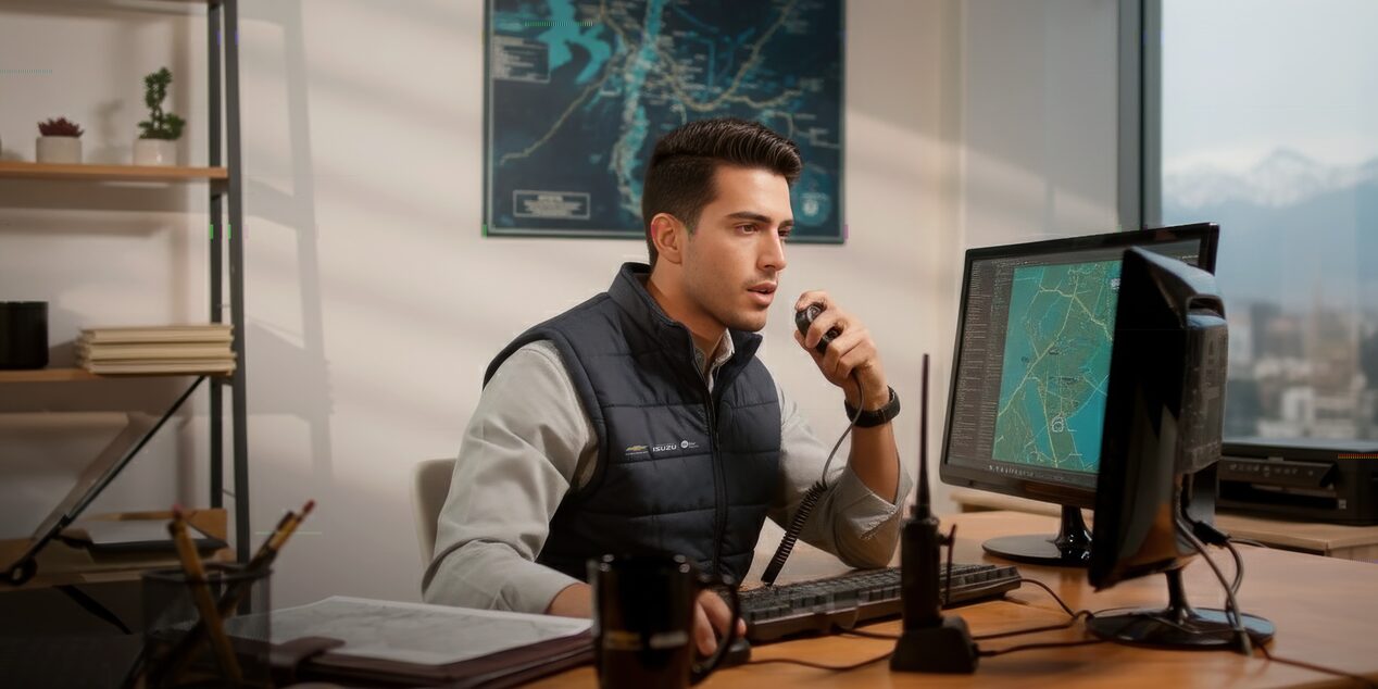 Profesional de OnStar desde su escritorio asistiendo a un cliente por una emergencia.