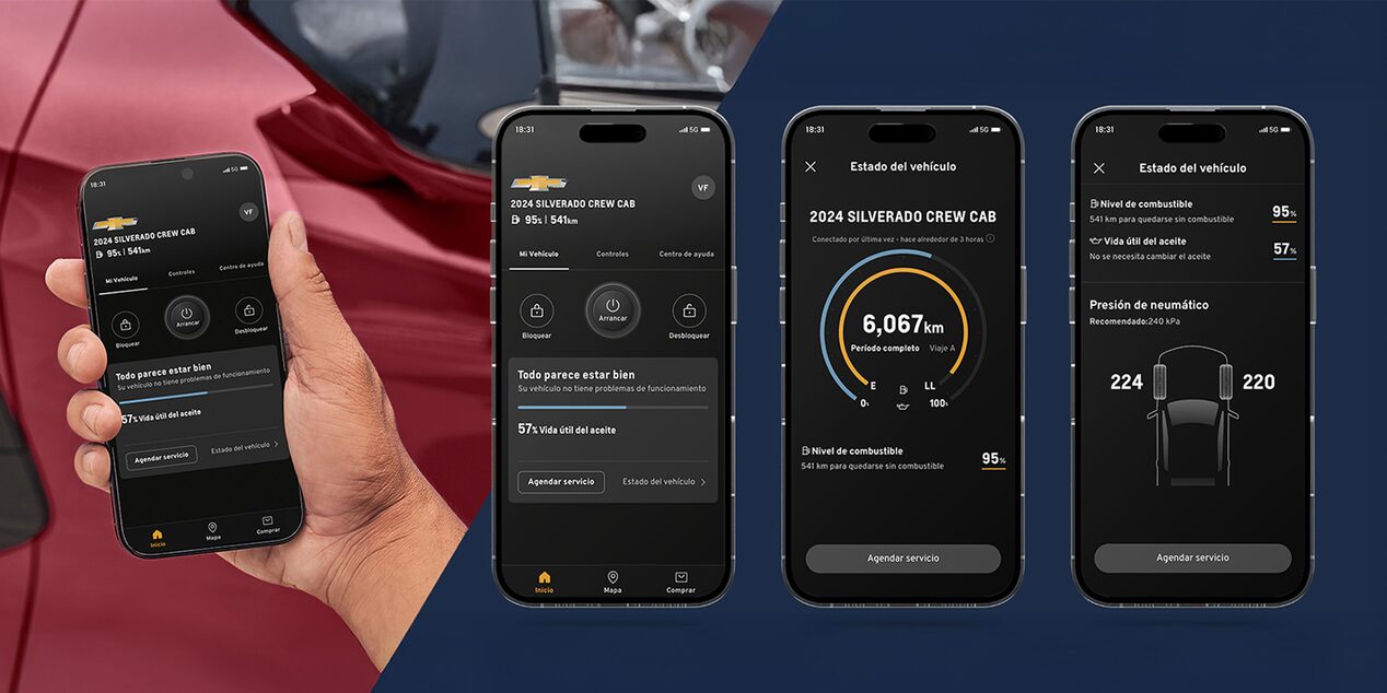 Aplicación móvil de Chevrolet mostrando estado del vehículo, servicio y funciones inteligentes